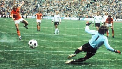 Johan Neeskens scores a penalty for Netherlands against West Germany