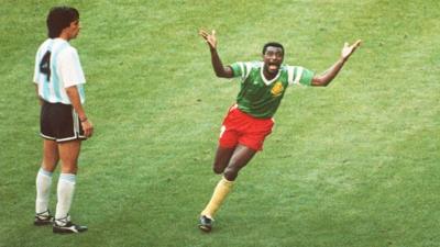 Francois Omam-Biyik scores for Cameroon against Argentina