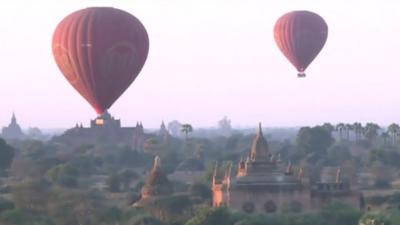 Hot air balloons over Myanmar's ancient temple city of Bagan