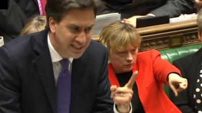 Ed Miliband and Angela Eagle point during PMQs