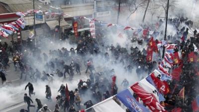 Tear gas fired at protesters near Taksim Square, Istanbul. 12 March 2014