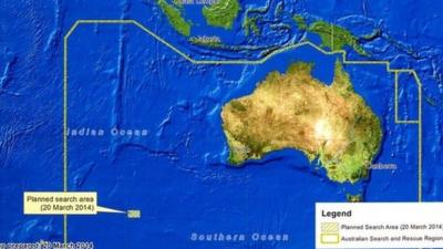 A diagram showing the search area for Malaysia Airlines Flight MH370 in the southern Indian Ocean is seen during a briefing by John Young, general manager of the emergency response division of the Australian Maritime Safety Authority (AMSA), in Canberra on 20 March 2014