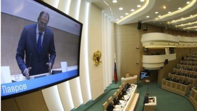 Russia' Foreign Minister Sergei Lavrov speaks to members of the Federation Council