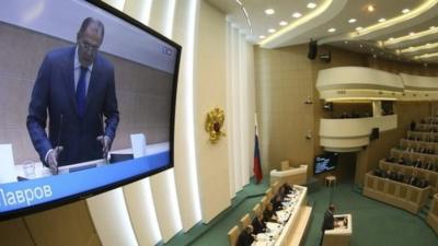 Russia' Foreign Minister Sergei Lavrov speaks to members of the Federation Council