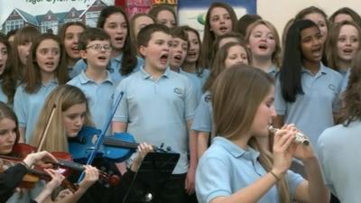 Pupils from Bryn Tirion School singing Calon Lan