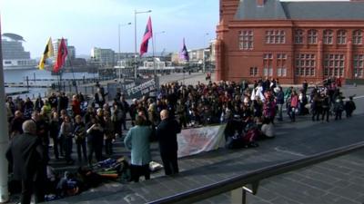 Teachers demonstrating in Cardiff Bay on Wednesday