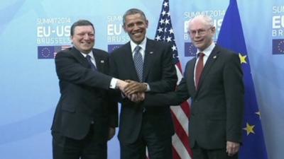 EU Commission President Jose Manuel Barosso, Barack Obama and EU Council President Herman Van Rompuy