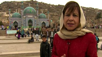 Lyse Doucet outside the Karti Sakhi Shrine in Kabul