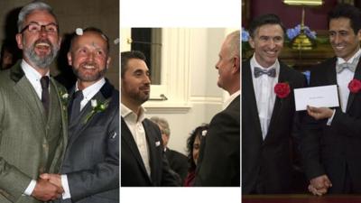 Three couples that were married on Saturday just after midnight