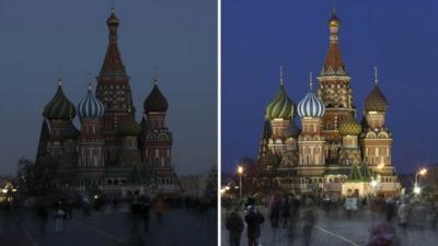 A combination picture shows St. Basil' Cathedral before (R) and during Earth Hour in Moscow March 29, 2014