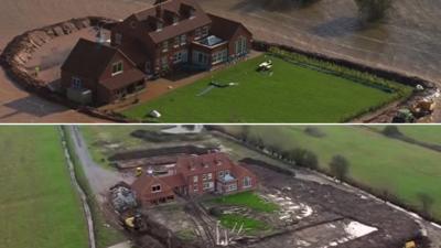 A house in the floods and afterwards