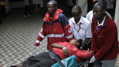 A wounded victim arrives at Kenyatta National Hospital in Nairobi