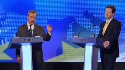 Nick Clegg and Nigel Farage debate at BBC Radio Theatre, BBC Broadcasting House