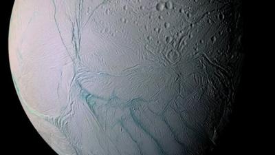 Saturn's Enceladus moon with 'tiger stripes' containing water