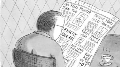 New Yorker cartoon about reading the obituaries