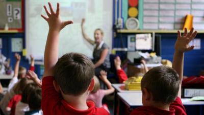 Children raise their hands in class