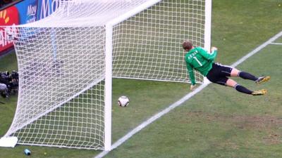 Germany's Manuel Neuer looks on as Frank Lampard's shot clearly crosses the line