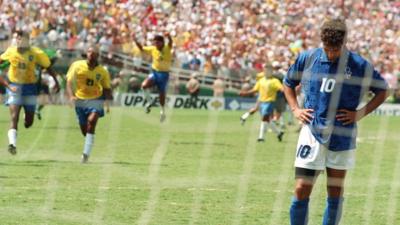 Italy's Roberto Baggio misses the decisive penalty against Brazil in 1994