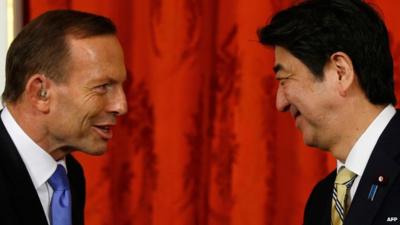 Australian Prime Minister Tony Abbott and Japanese Prime Minister Shinzo Abe.