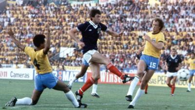 David Narey scores for Scotland against Brazil