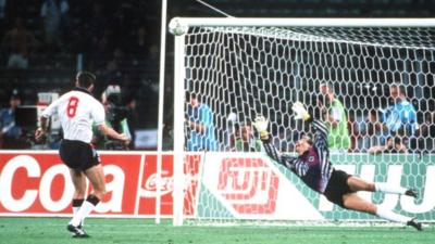 England's Chris Waddle misses his penalty against West Germany