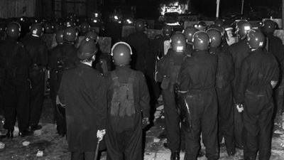 Police in riot gear during the Broadwater Farm riot