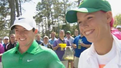 Caroline Wozniacki caddied for boyfriend Rory McIlroy in the Masters Par-Three event on Wednesday