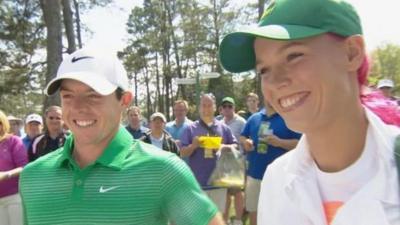 Caroline Wozniacki caddied for boyfriend Rory McIlroy in the Masters Par-Three event on Wednesday