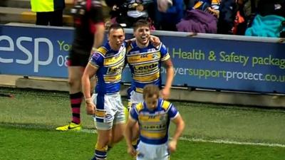 Leeds and England winger Tom Briscoe finishes a flowing move to help secure Leeds Rhinos 42-6 win over Wakefield.