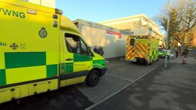 Ambulances outside University Hospital of Wales, Cardiff