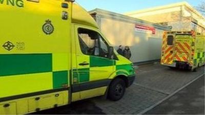 Ambulances outside University Hospital of Wales, Cardiff