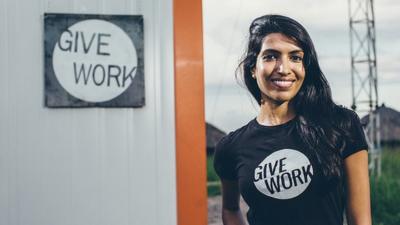 Leila Janah outside Samasource centre in Uganda