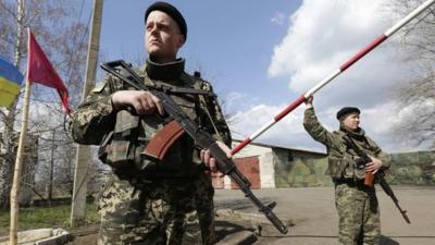 Ukrainian border guards at a base near Donetsk on 15 April