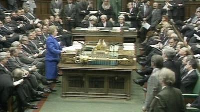 Margaret Thatcher steps up to the despatch box in the House of Commons