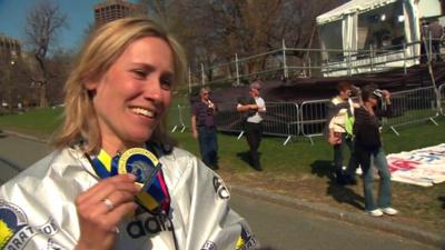 Sophie Raworth with her Boston marathon medal