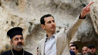 President Bashar al-Assad (right) visits the Christian village of Maaloula, near Damascus, Syria