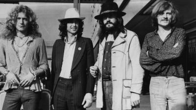 From left to right, Robert Plant, Jimmy Page, John Bonham (1947 - 1980) and John Paul Jones
