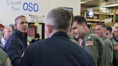 President Barack Obama greets responders recovery workers and community members at the Oso Fire Department in Oso, Wash.,