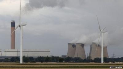 Wind turbines next to a coal power station