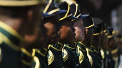 A guard of honour takes part in 20-year Democracy Anniversary celebrations at the government's Union Building in Pretoria