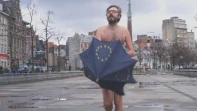 EU election film sill with man and umbrella