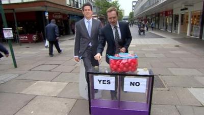 Cardboard Ed Miliband with Adam Fleming and Daily Politics mood box