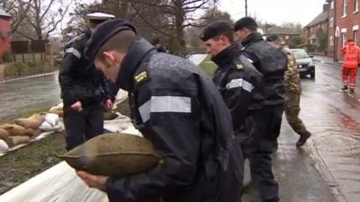 The Royal Navy helping with flood relief in Winchester, Hampshire