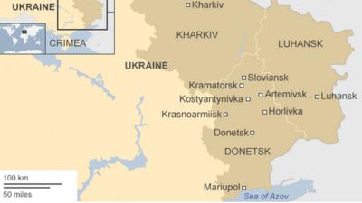 Map of towns in Ukraine reporting major protests by pro-Russian separatists