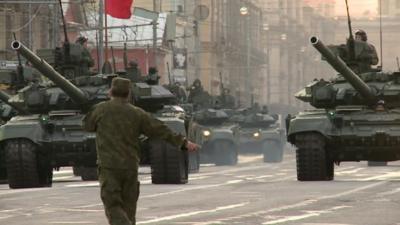 Russian tanks rehearsing for parade