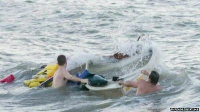 Groomsmen rescue fisherman