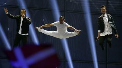 Freaky Fortune feat. RiskyKidd representing Greece perform the song "Rise Up" during the second semifinal of the Eurovision Song Contest in the B^W Halls in Copenhagen, Denmark