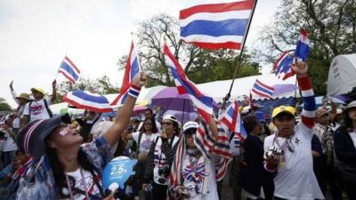 Anti-government protesters with flags