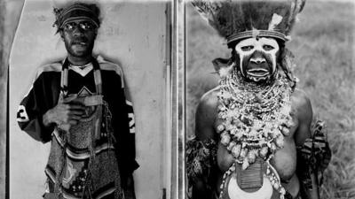 A composite of images of a gang member and a woman in tribal costume in Papua New Guinea