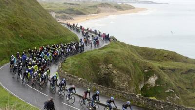 The Giro d'Italia peloton just outside Portrush midway through Saturday's second stage in Northern Ireland